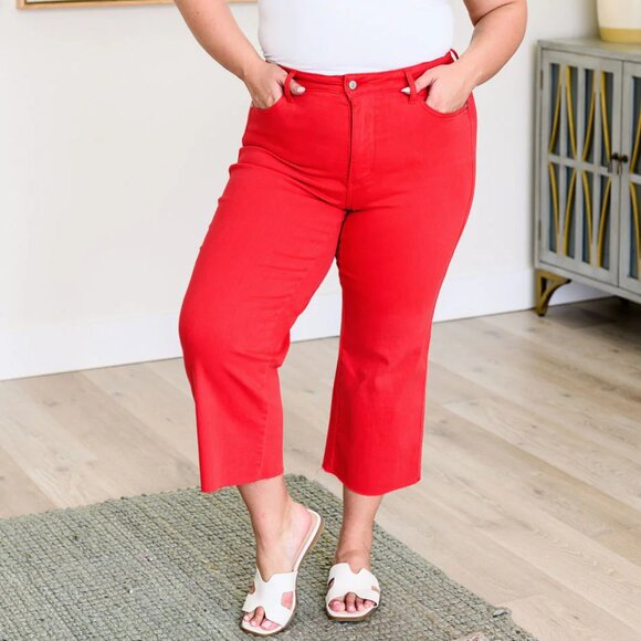LISA HIGH RISE CONTROL TOP WIDE LEG CROP JEANS IN RED - Picture 9 of 9